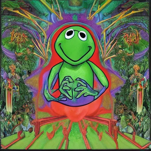 Image similar to kermit the frog as a holy sacred god enlightened on acid in the labyrinth woods as a masterpiece painting by john chamberlain and judy chicago, trending on art station