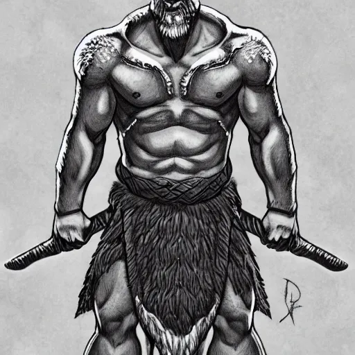 Image similar to frost giant, with a two handed axe, tribal tattoos, very muscular, large fists, fantasy, d & d, intricate, detailed 4 k, trending on artstation, smooth, sharp focus