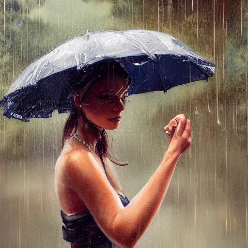 Image similar to a beautiful toned woman in the rain, aesthetic, oil painting, pale colors, high detail, 8 k, wide angle, trending on artstation,