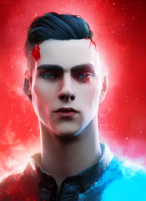 Image similar to An epic fantasy comic book style portrait painting of a young man with black and red cowlick undercut haircut, wearing a red shirt, black overcoat, blue jeans. Unreal 5, DAZ, hyperrealistic, octane render, cosplay, RPG portrait, dynamic lighting