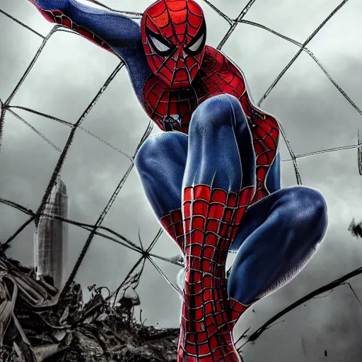 Image similar to dramatic scenes of wounded spiderman, post apocalyptic, sad ambience