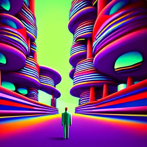 Image similar to photo - realistic, painting of a man walking alone in the boulevard of psychedelic dreams, trippy stairs in the background, hyper detail, sharp, in the style of beeple, mobeius, rule of thirds, unreal engine