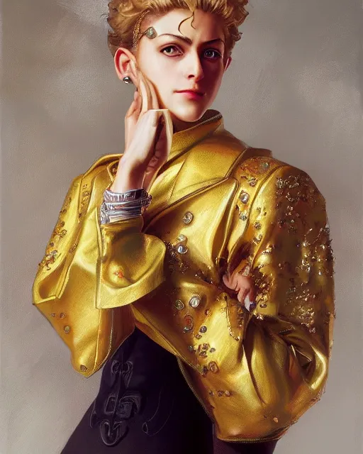 Prompt: Giorno Giovanna, oil on canvas, artstation, by J. C. Leyendecker and Edmund Blair Leighton and Charlie Bowater, octane