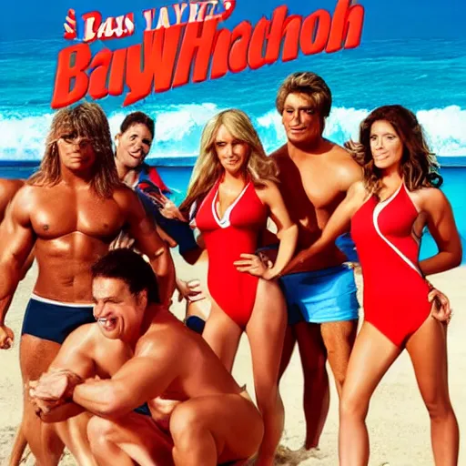 Prompt: beach promotional poster for Baywatch but every person is anthropomorphic animal in bikinis