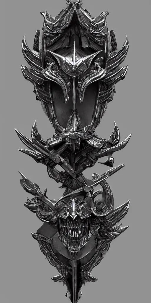Prompt: a black and silver sword skull crest, ornament, weapon, a 3 d render by dom qwek, front side, concept art, trending on polycount, artstation, hard surface modeling, rendered in maya, zbrush, hd, blizzard, symmetry