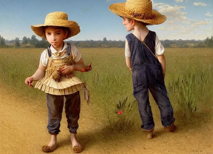 Image similar to a cute young scarecrow with a straw hat in overalls walking on a dirt road next to a large corn field by bouguereau, tom lovell, ross tran, jean baptiste monge