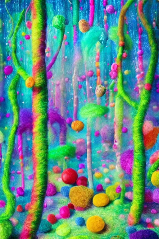 Image similar to a matte digital painting of a candy forest at night, bokeh, bright colours, watercolor, volumetric wool felting, macro photography, children illustration, by alex grey