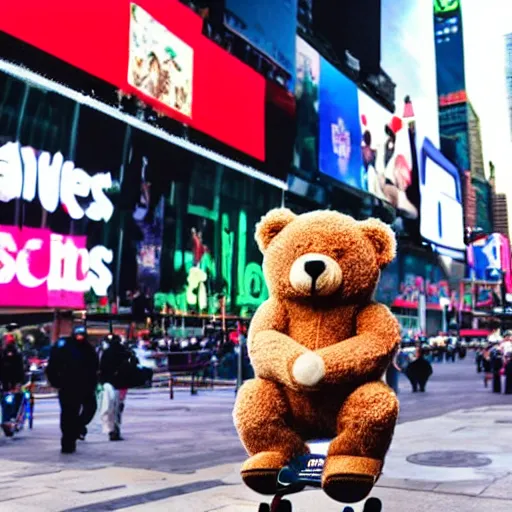 Image similar to a photo of a teddy bear riding a skateboard in Times Square