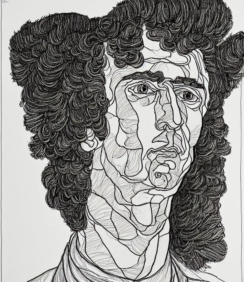 Image similar to detailed line art portrait of goethe, inspired by egon schiele. caricatural, minimalist, bold contour lines, musicality, soft twirls curls and curves, confident personality, raw emotion