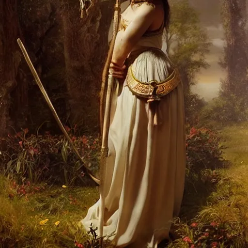 Image similar to portrait of natalie portman as a Druid, painting by ludwig deutsch and rudolf ernst, lost civilizations, long dark hair, beautiful, mystical, dramatic cinematic lighting, sharp focus, smooth, sharp focus, extremely detailed,