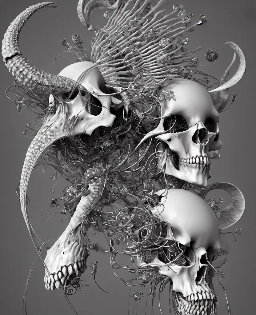 Image similar to goddess close-up portrait ram skull, skeleton, thorax, x-ray, backbone, jellyfish phoenix head, nautilus, orchid, skull, betta fish, bioluminiscent creatures, intricate artwork by Tooth Wu and wlop and beeple. octane render, trending on artstation, greg rutkowski very coherent symmetrical artwork. cinematic, hyper realism, high detail, octane render, 8k