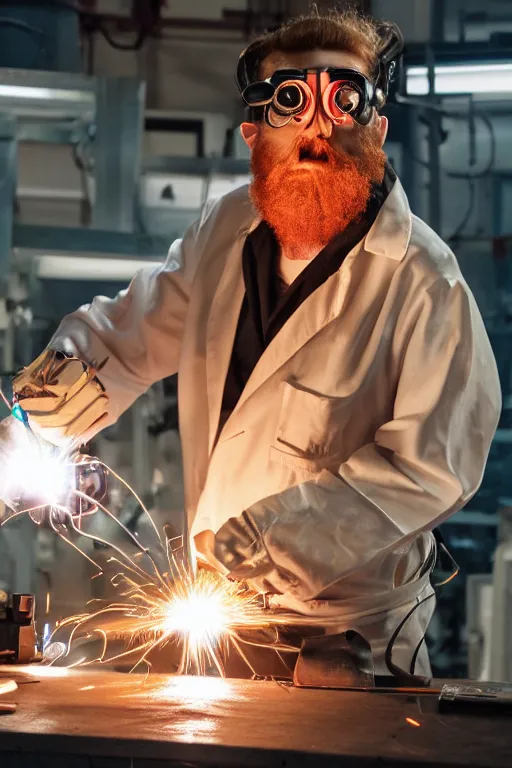 Image similar to an awkwardly tall scientist with a tangled beard and unruly red hair atop his balding head wearing a headlamp a labcoat and welding goggles and holding a beaker, high resolution film still, movie by Ivan Reitman