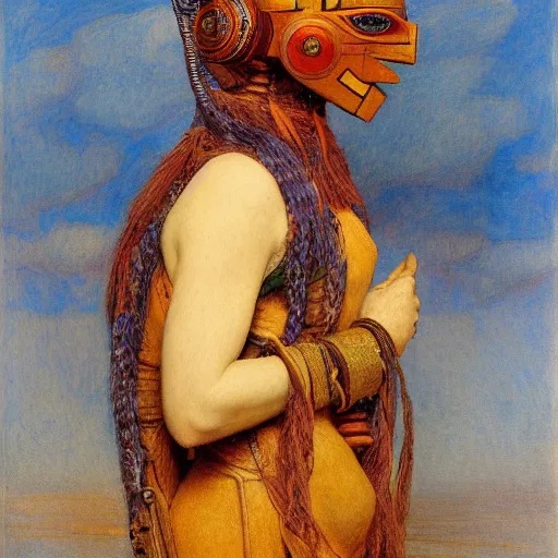 Image similar to the young robot goddess with her bird mask, by annie swynnerton and diego rivera and elihu vedder, symbolist, dramatic lighting, elaborate geometric ornament, head and shoulders, art brut, soft cool colors, smooth, sharp focus, extremely detailed, adolf wolfli and donato giancola