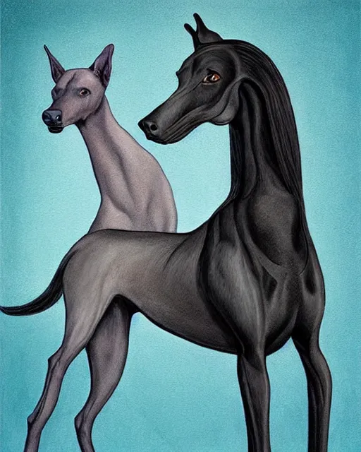 Image similar to painting of hybrid between black weimaraner & black stallion horse! & intercrossed animal, by mattias adolfsson, by tiffany bozic, cold hue's, warm tone gradient background, concept art, single object scene, beautiful composition, digital painting