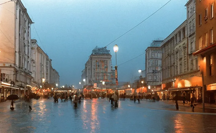 Prompt: 1990s movie still of a youslavian street with many pedestrians with stalinist style highrise, Cinestill 800t 18mm, heavy grainy picture, very detailed, high quality, 4k panoramic, HD criterion, dramatic lightning, streetlight at night, rain, mud, foggy, many CCCP flags
