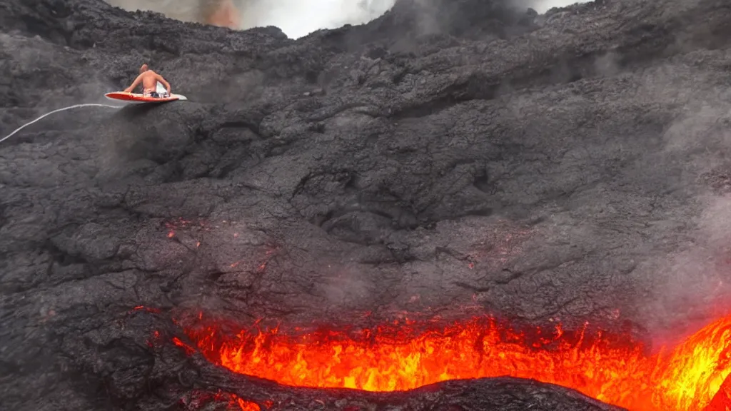 Image similar to person wearing a sponsored team jersey with logos surfing down a river of lava on the side of a volcano on surfboard, action shot, dystopian, thick black smoke and fire, sharp focus