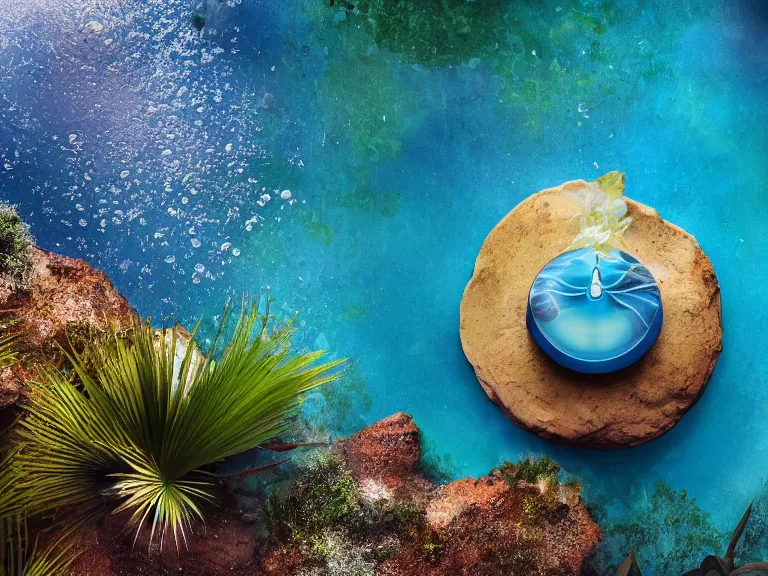 Prompt: perfume bottle in the center of a desert oasis in deep blue pond water surrounded by tropical flora ; 4 style of nicholas fols, 2 0 0 mm, mute dramatic colours, soft blur outdoor stormy sea background, volumetric lighting, hyperrealistic