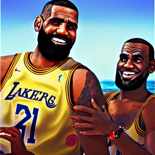 Image similar to beautiful serene intricate portrait of kyrie irving and lebron james taking a selfie, smiling softly, relaxing on the beach, golden hour, soft focus, 8 k, art by irakli nadar, hyperrealism, hyperdetailed, ultra realistic