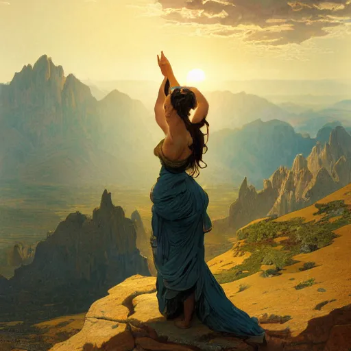 Prompt: an ultradetailed matte landscape painting of mountain sized sculpture of a beautiful and elegant woman, sunrise on the horizon in the background, stone hand raised up, 8 k, art by greg rutkowski and alphonse mucha and andreas rocha and albert bierstadt