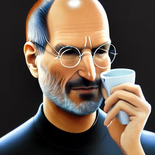 Image similar to A high definition photo of Steve Jobs drinking a cup of coffee in his living room, hyperdetailed, artstation, digital art, photorealism, accurate, 8k,