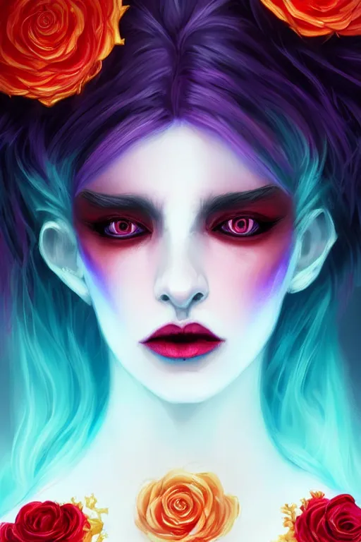 Prompt: portrait of a vampire , fantasy, gradient violet red cyan, dreamy and ethereal, orange eyes, black sclera, golden ratio, peaceful expression, ornate frilly dress, fantasy, intricate, elegant, rainbow spikes, red roses, highly detailed, digital painting, artstation, concept art, smooth,b sharp focus, illustration, art by artgerm and greg rutkowski and alphonse mucha