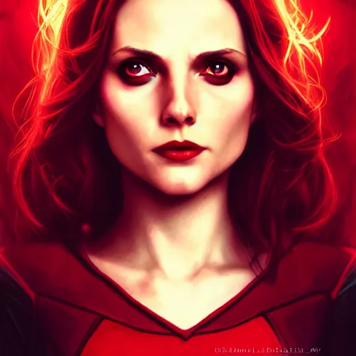 Image similar to Scarlet witch marvel, Sarah Michelle Gellar, evil smile, realistic character concept, medium shot, fun pose, comic book, illustration, slender symmetrical face and body, cinematic lighting, high resolution, Charlie Bowater, Norman Rockwell, symmetrical eyes, single face, insanely detailed and intricate, beautiful