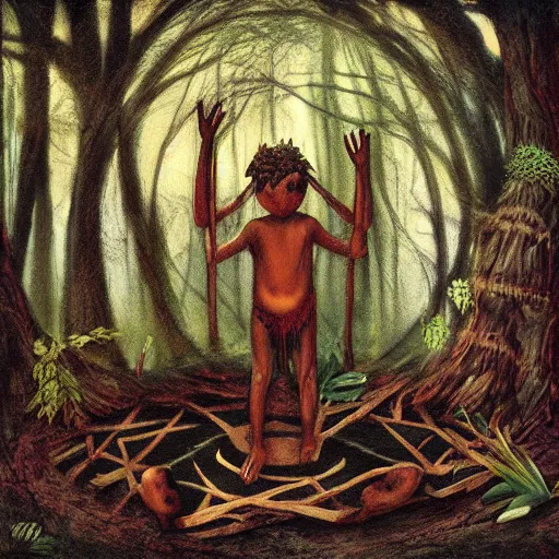 Prompt: “child god of the forest making a ritual, artwork”