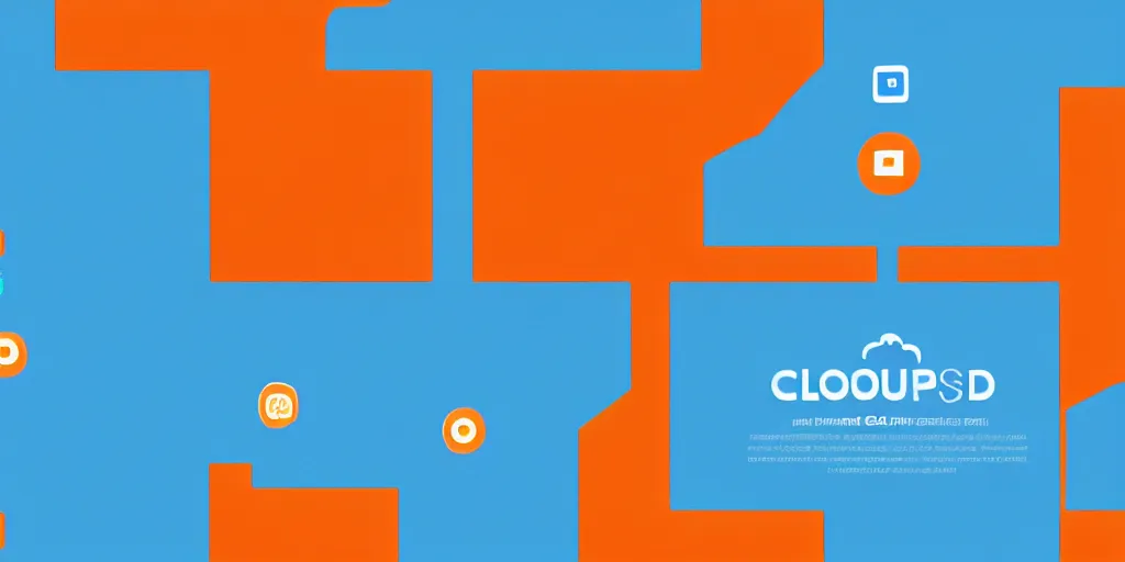 Image similar to Cloud servers, network, isometric view from above. Minimalistic design, contemporary design, infographics. Logo, Abstract Design. Blue, cyan and orange palette. Vivid, 8K, Epic, Masterpiece