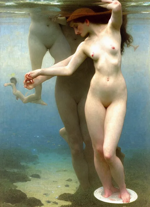 Prompt: long dress underwater in the sea, art by ex machina, william - adolphe bouguereau