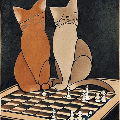 Image similar to two cats playing chess, in the style of Da Vinci