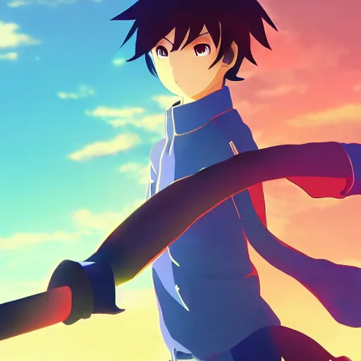 Image similar to sword made of fire in the style of Makoto Shinkai, colorful, beautiful, 4k