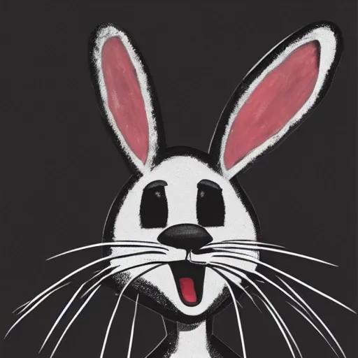 Image similar to A extremely highly detailed majestic hi-res beautiful, highly detailed head and shoulders portrait of a scary terrifying, horrifying, creepy black cartoon rabbit with scary big eyes, earing a shirt laughing, hey buddy, let's be friends, in the art style of Walt Disney