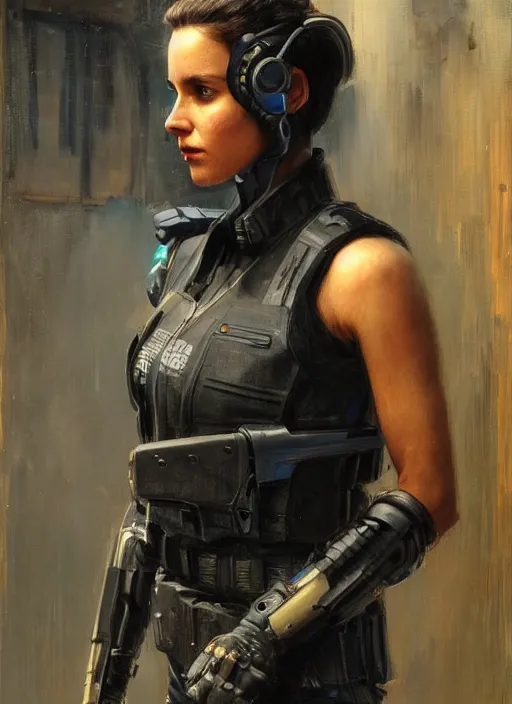 Image similar to 🦸🏼♀🧕🏾 cyberpunk police trooper in a military vest ( blade runner 2 0 4 9, cyberpunk 2 0 7 7 ). orientalist portrait by john william waterhouse and james gurney and theodore ralli and nasreddine dinet, oil on canvas. cinematic, hyper realism, realistic proportions, dramatic lighting, high detail 4 k