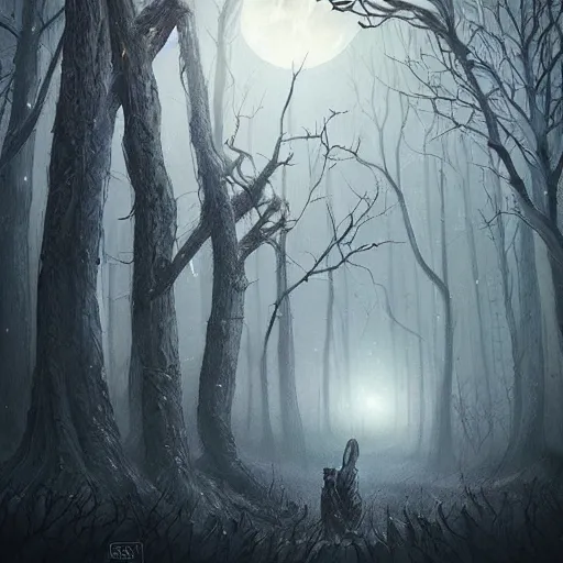 Prompt: a dark ominous forest, dead trees, moonlit, a ethereal ghost emerging from a tree, spooky digital artwork by Artgerm, trending on artstation