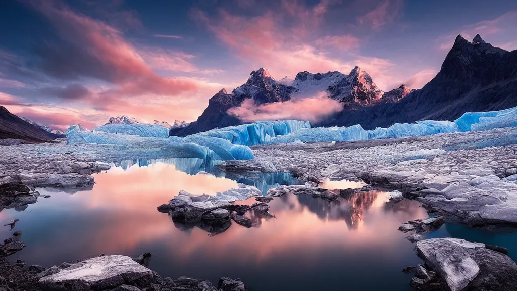 Image similar to amazing landscape photo of a glacier with lake in sunset by marc adamus, beautiful dramatic lighting