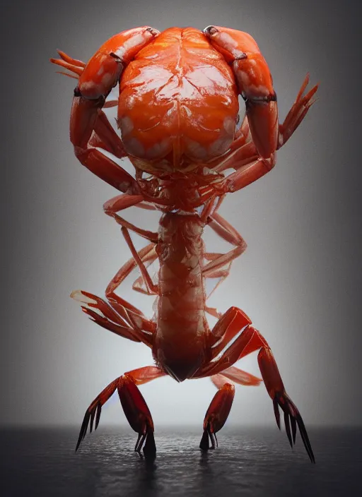 Image similar to a men who suddenly became a giant shrimp, photorealistic, canon r 3, high fashion photography, elegant, luxury and elite, symmetry, octane render, unreal engine, solid dark grey background, dramatic lights