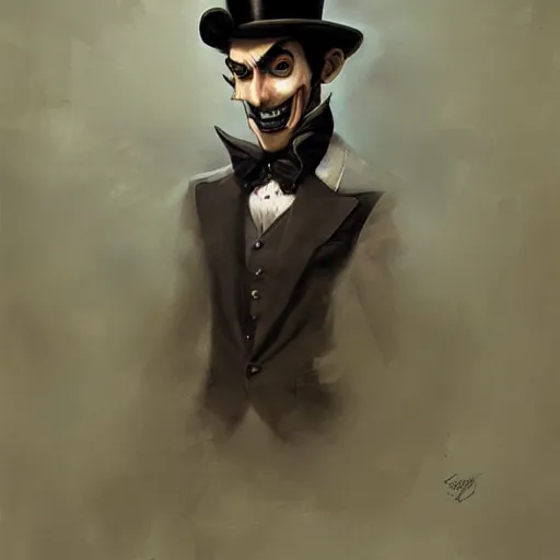 Image similar to hyper realistic dapper fancy luigi wearing a top hat, smirking deviously, painted by greg rutkowski, wlop, artgerm, jojo's bizarre adventure, dishonored 2