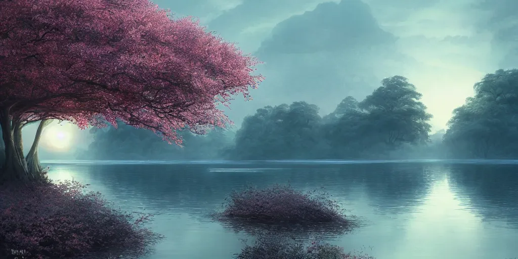 Image similar to vanishing point a sakura tree upon a lake, viewed from afar, stephen bliss, misty, unreal engine, fantasy art by greg rutkowski, loish, rhads, ferdinand knab, makoto shinkai and lois van baarle, ilya kuvshinov, rossdraws, tom bagshaw, global illumination, radiant light, minimalist, detailed and intricate environment