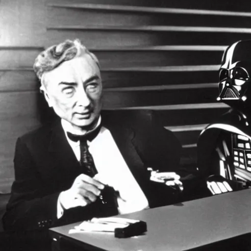 Image similar to color photo of robert oppenheimer debating with darth vader