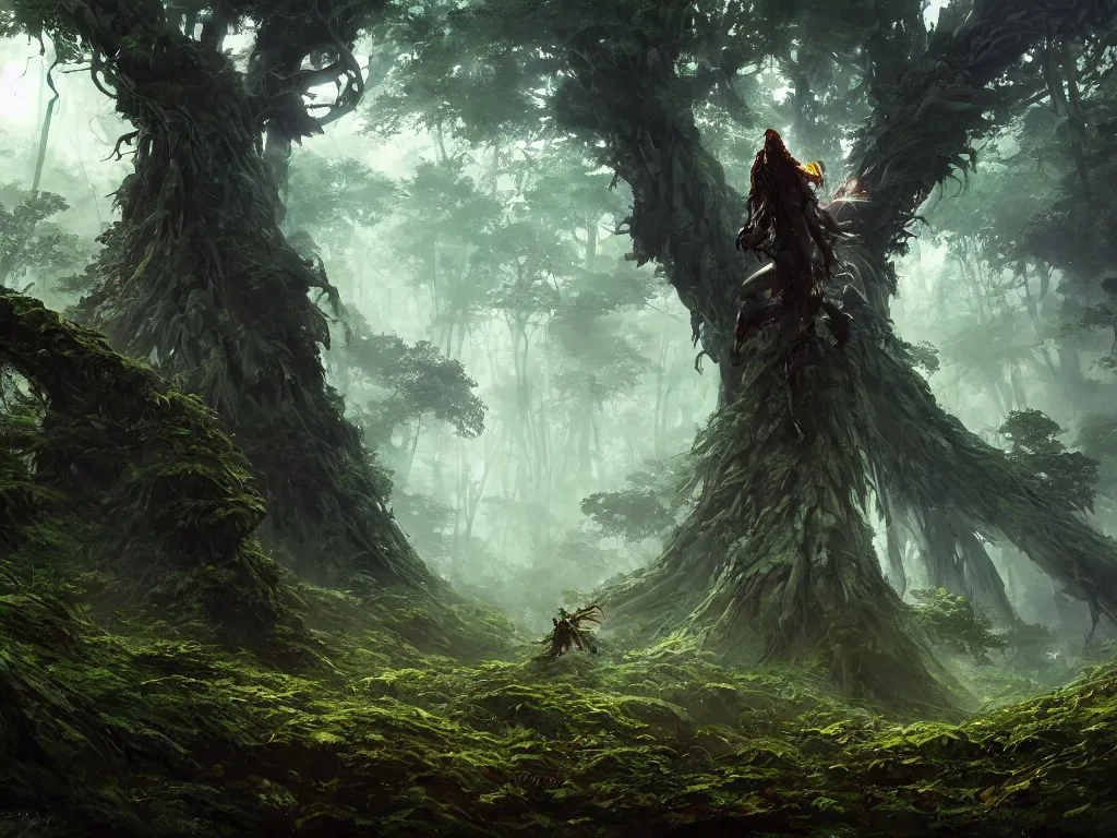 Image similar to a walking druid abomination, heavily forested, overgrown trees, beautiful lighting, beautiful landscape beautifully designed character, award winning collaborative painting by geg ruthowski, alphonse murac, craig mullins, ruan jia, wlop, yoji shinkawa, collaborative artwork, exquisitely high quality and detailed, overwhelmingly favorited by critics, game wallpaper