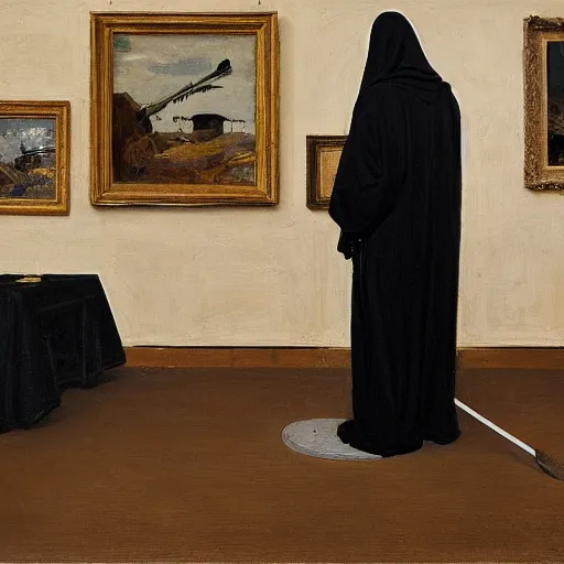 Prompt: the grim reaper standing stoic in black robe, holding scythe, waiting patiently, in a museum with paintings and people, perfect composition, by edmond leighton, simon stalenhag