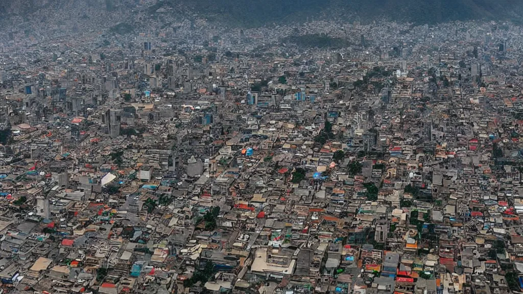 Prompt: remarkable airplane view of a cyberpunk mayan city in guatemala and it is graced by a huge sacred futuristic cyberpunk temple