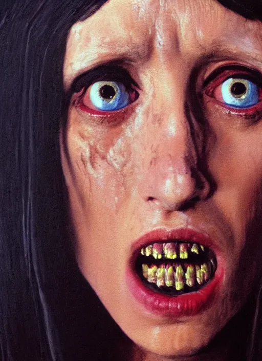 Prompt: portrait of a young 1 9 8 0 s shelley duvall ( from the shining ) as an evil warlord character in mad max 2 : the road warrior, film still, detailed realistic face in painting, detailed beautiful portrait, oil painting masterpiece, 8 k resolution, smooth, sharp focus, trending on artstation, by rembrandt