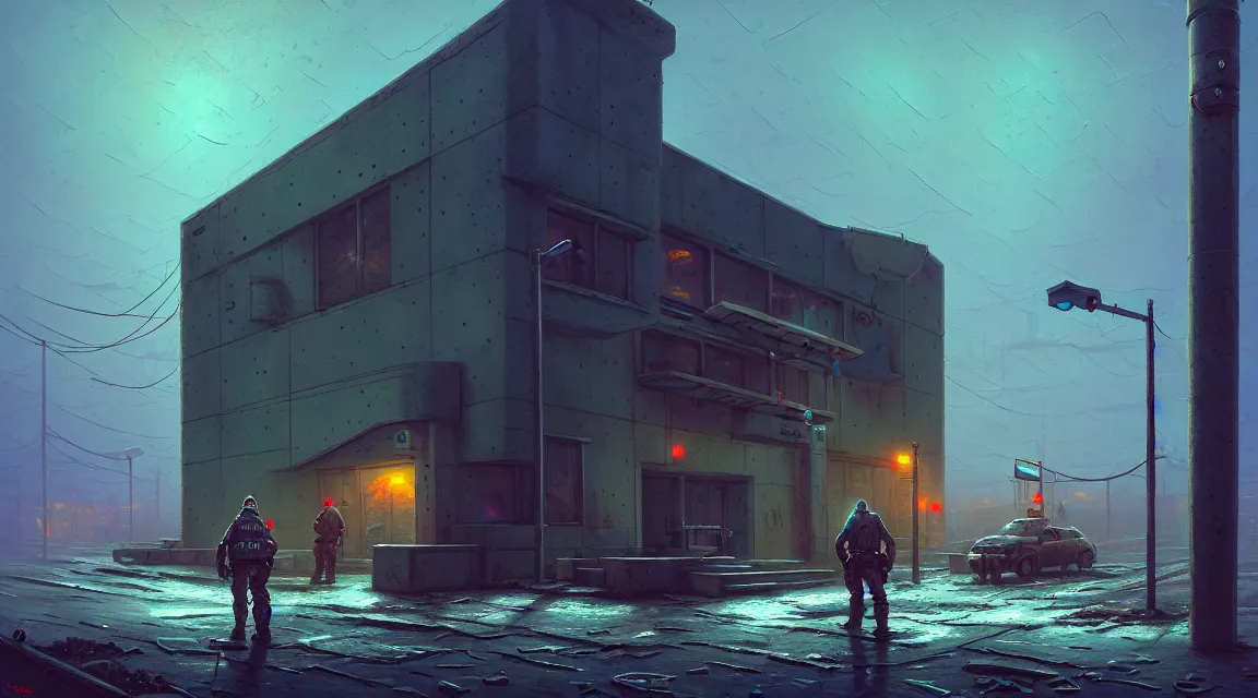 Prompt: post - apocalyptic police station, concrete building, paved roads, by thomas kinkade, by simon stalenhag, highly detailed photography, trending on artstation, hyperrealistic, human silhouettes, cyberpunk, environment artist, dystopian, science fiction