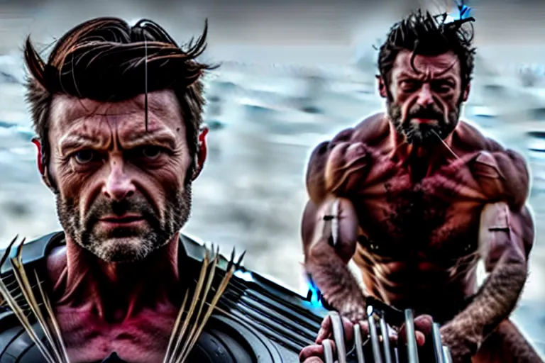 Image similar to film still frame of karl urban as wolverine, beard, wolverine's face, wolverine's claws, adamantium, high quality