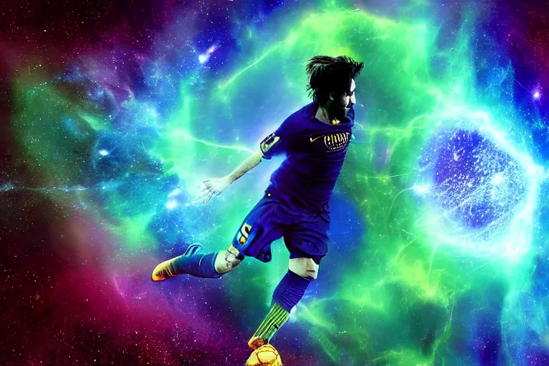 Prompt: a cosmic bioluminescent lionel messi jumping through a space nebula leaving stardust trails behind him, digital art, photorealistic