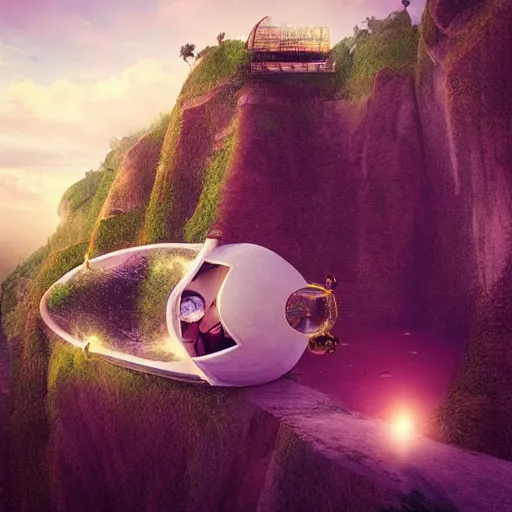 Prompt: beautiful portrait of bamboo living pods shaped like a football embedded on the side of a cliff, the time machine, art by artgerm, artwork by beeple