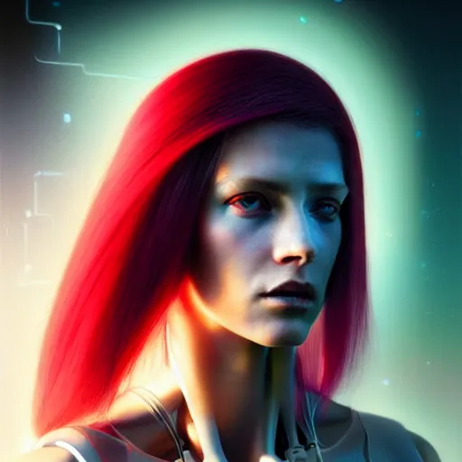 Image similar to a portrait of a beautiful young 28th century super cool post-human female with long neon like hair, barely human and largely biomechanical machine, hyper-realistic cyberpunk style, image by tom bagshaw , IKuvshinov Ily, photos by Annie Leibovitz, moody, models by 500px, dramatic cinematic lighting rendered by octane, 8k, detailed, intricate, clean and textures, trending on artstation, deviantart google images, pinterest