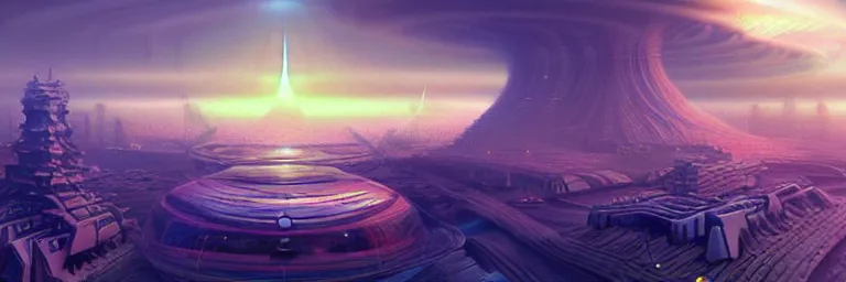 Image similar to a sprawling cybernetic temple, a large hi - tech city, and a river surrounded by fractal mountains, volumetric clouds, cybernetic faces, vaporwave aesthetic, colorful, psychedelic, digital painting, artstation, concept art, smooth, sharp focus, illustration, art by artgerm and greg rutkowski and alphonse mucha