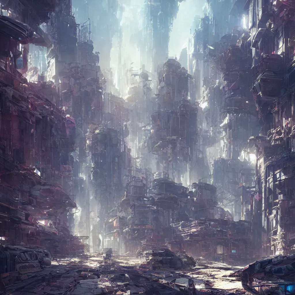 Prompt: an abandoned city soft lighting, sun light rays, wadim kashin, stephan martiniere,